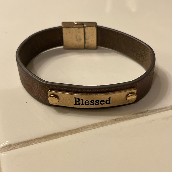 Gold and Brown Distressed Leather 'Blessed' and Cross Bracelets - Picture 8 of 9